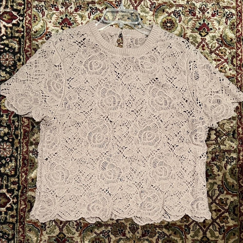 American Eagle Outfitters Beige Crochet Lace Short-Sleeve Top Medium Large